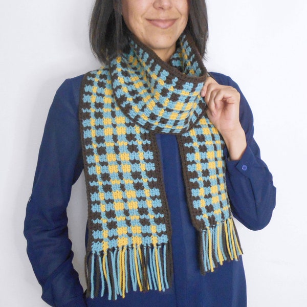 Crochet pattern for Scotia Scarf, crochet scarf, easy crochet scarf, plaid scarf, plaid wrap, free crochet pattern, tapestry crochet pattern