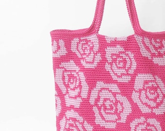 Crochet pattern for roses tote. Practice tapestry crochet to form a drawing. Charts with symbols, written instructions and images.