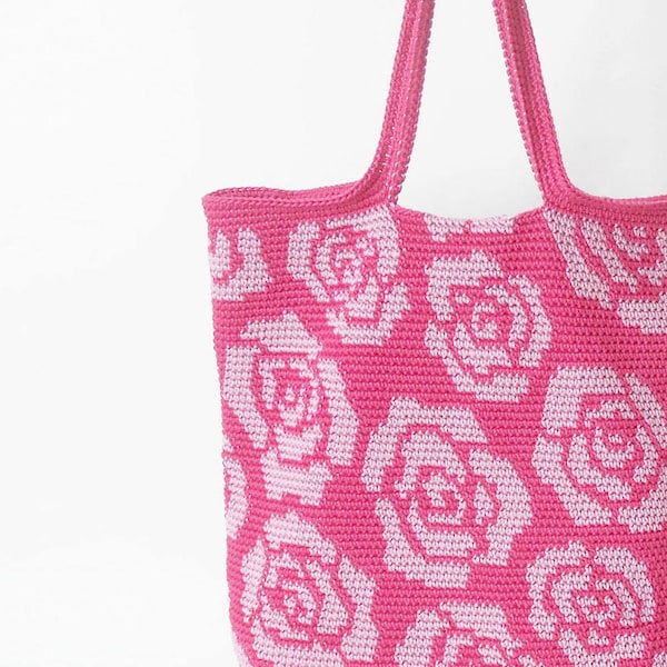 Crochet pattern for roses tote. Practice tapestry crochet to form a drawing. Charts with symbols, written instructions and images.