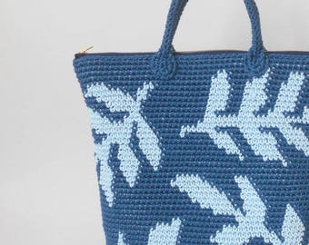 Crochet pattern for leaves backpack. Practice tapestry crochet to form a drawing. Charts with symbols, written instructions and images