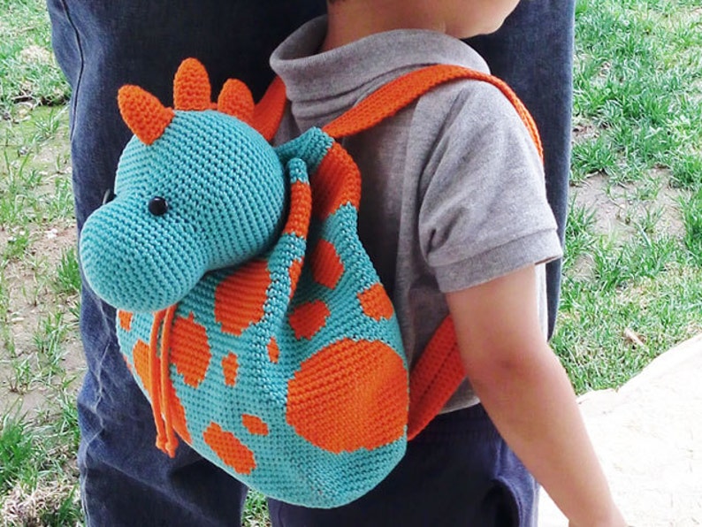Crochet pattern for dino backpack. Cute and practical accessory for kids. Charts with symbols, written instructions, photo tutorial. image 4