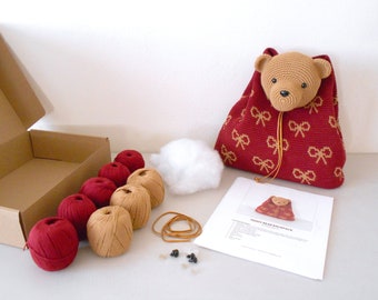 Supply Kit for Teddy Bear Backpack Crochet Pattern. Crochet kit, supply kit, crochet bag, tapestry crochet, amigurumi bag, amigurumi bear