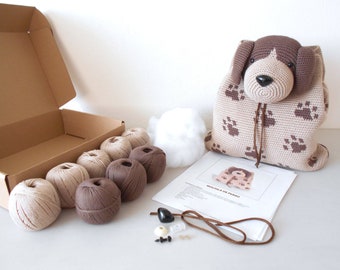 Supply Kit for Dog Backpack Crochet Pattern. Crochet kit, supply kit, crochet bag, tapestry crochet, amigurumi bag, amigurumi dog