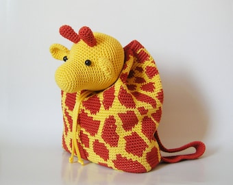 Crochet pattern for giraffe backpack. Cute and practical accessory for kids. Charts with symbols, written instructions, photo tutorial.