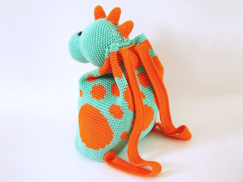 Crochet pattern for dino backpack. Cute and practical accessory for kids. Charts with symbols, written instructions, photo tutorial. image 3