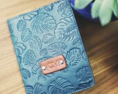 SALE 50 Personalized Leather Passport Cover, Leather, holder, monstera palm leaves, Boho Passport Cover, handmade, name initials