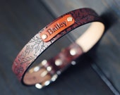 Personalized Leather Dog Collar, Custom Leather Dog Collar, Handmade personalized gift number Mahogany Stain Tree Branches pattern FREE Name