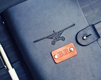 SALE 50% Personalized Leather journal, Notebook, Travel Diary, Journal, Sketchbook, Black, plane airplane adventures, Custom name initials