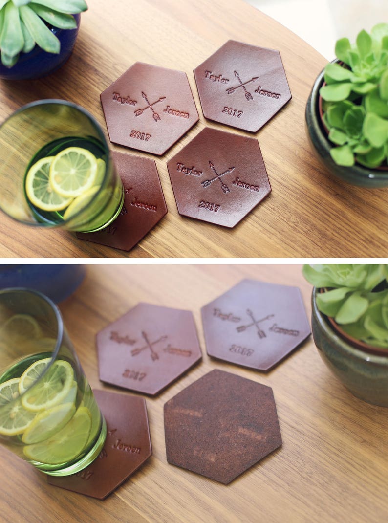 Hexagonal Housewarming gift 3rd anniversary gift leather Crossed arrows date 4 Personalized Leather Coaster Set 3 Year Anniversary gift