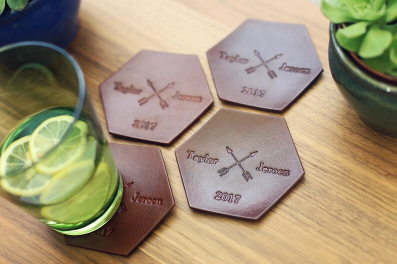 Hexagonal Housewarming gift 3rd anniversary gift leather Crossed arrows date 4 Personalized Leather Coaster Set 3 Year Anniversary gift