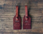Mr and Mrs. Custom Leather Luggage Tags, Handmade personalized gift, His and Hers, Mustache, lips kiss, Keychain, Wedding, Honeymoon,Bridal