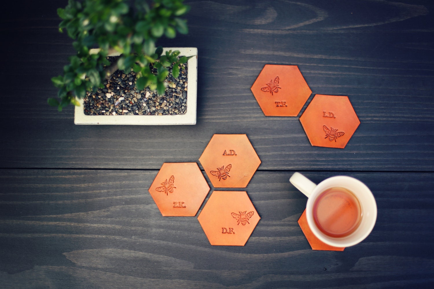 6 Sous-Verres en Cuir Personnalisés, Ensemble Custom Leather Coaster, Géométrie Hexagonale, Cadeau d