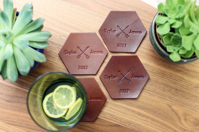 Hexagonal Housewarming gift 3rd anniversary gift leather Crossed arrows date 4 Personalized Leather Coaster Set 3 Year Anniversary gift