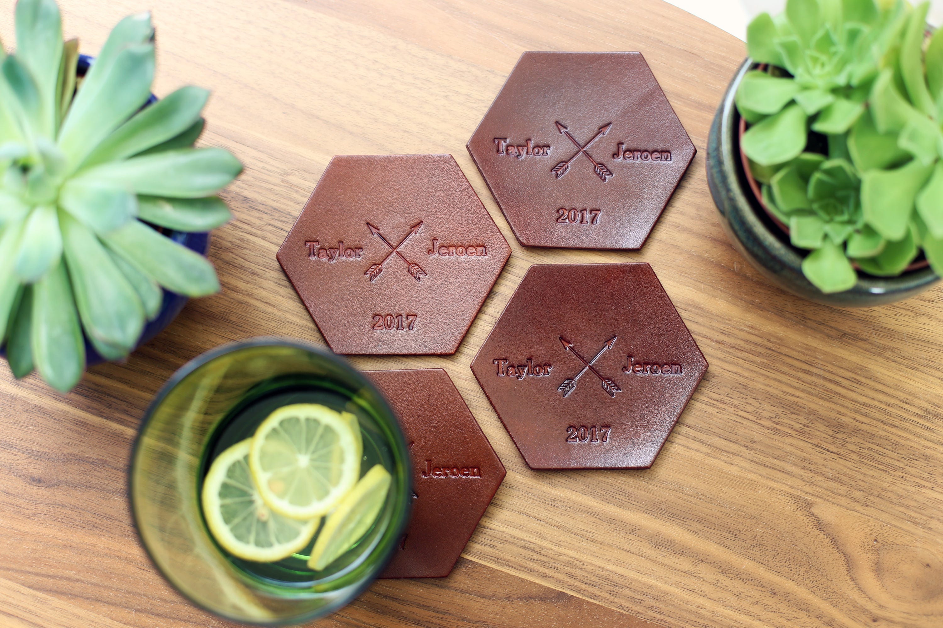 4 Sous-Verres en Cuir Personnalisés, Ensemble Custom Leather Coaster, Géométrie Hexagonale, Cadeau d