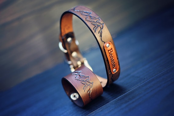 Dog Friendship Bracelet matching a Dog Collar, Button snap, Handmade personalized gift, Brown Stain, Mountains, adventures, leather cuff
