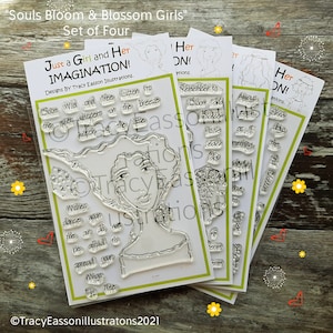 Set di 4 Girls Souls Bloom and Blossom-Francobolli A6-Illustrazioni di Tracy Easson-Timbri trasparenti-Cardmaking,Art Journaling,Tecniche miste,Scrapbooking