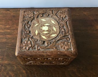 Vintage Hand Carved Wood Box, Carved Wooden Trinket Box, Small Wood Jewelry Box, Boho Home Decor, Bohemian Decor, Rustic Wood Stash Box