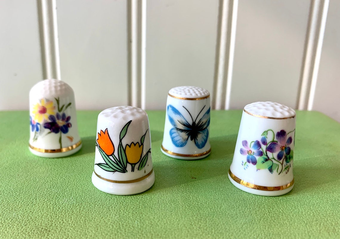 Vintage Set of 4 Ceramic Thimbles Thumb Thimbles Flower and Etsy