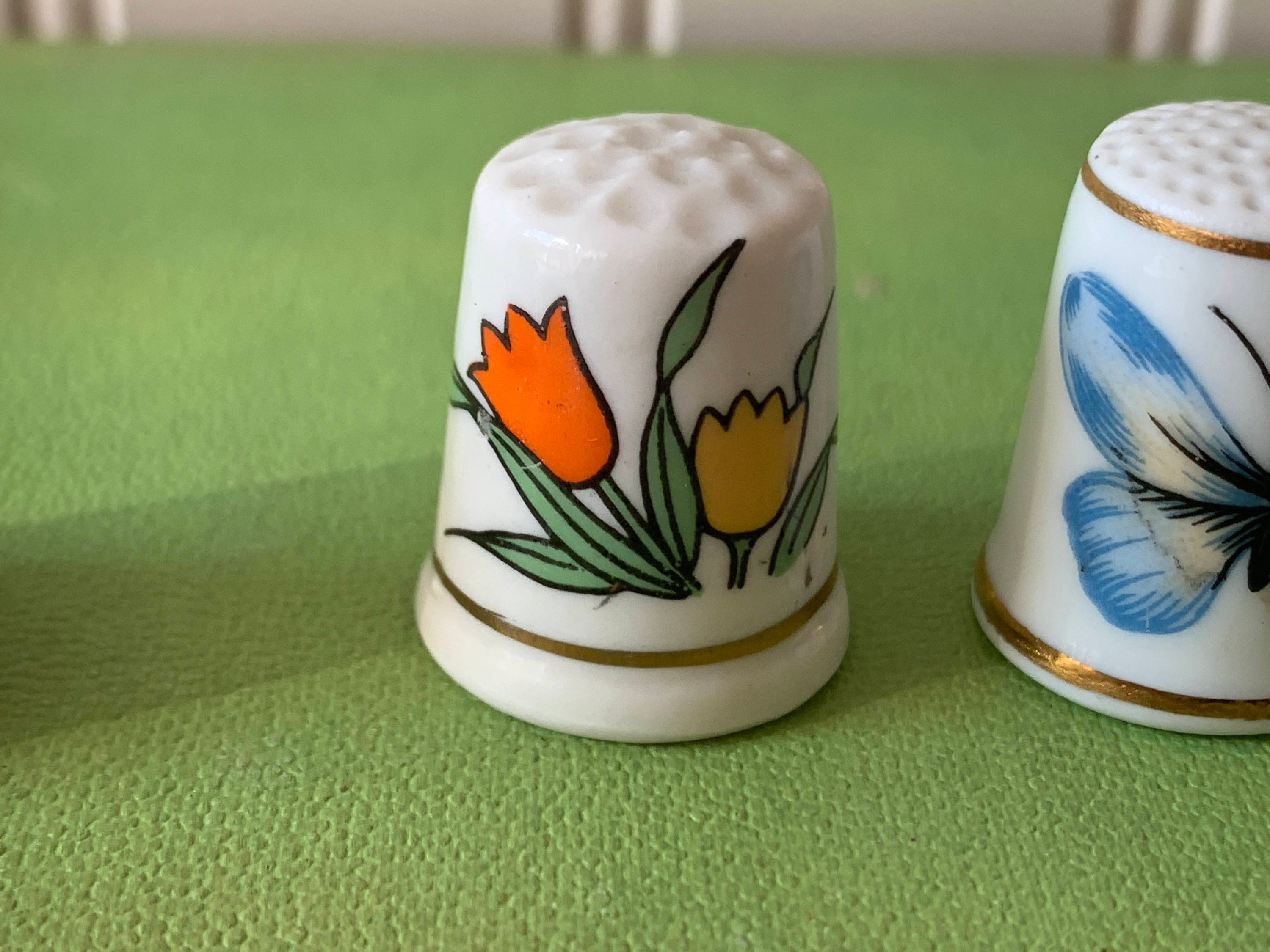 Vintage Set of 4 Ceramic Thimbles Thumb Thimbles Flower and Etsy