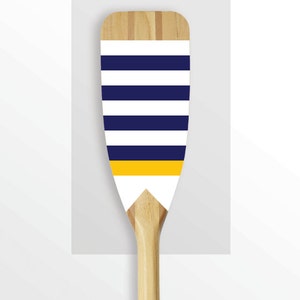 Hand-Painted Wooden Paddle - "MADISON" - Nautical - White w/ Navy & Yellow Stripes