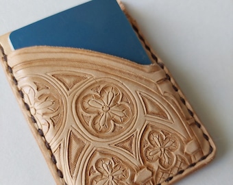 Hand Tooled Leather Minimalistic Wallet - Stained Glass Window - Natural
