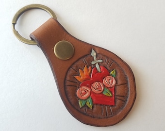 Immaculate Heart of Mary - Hand Tooled Leather Keychain - Color