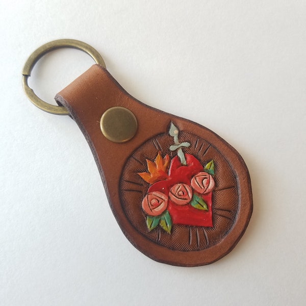 Immaculate Heart of Mary - Hand Tooled Leather Keychain - Color