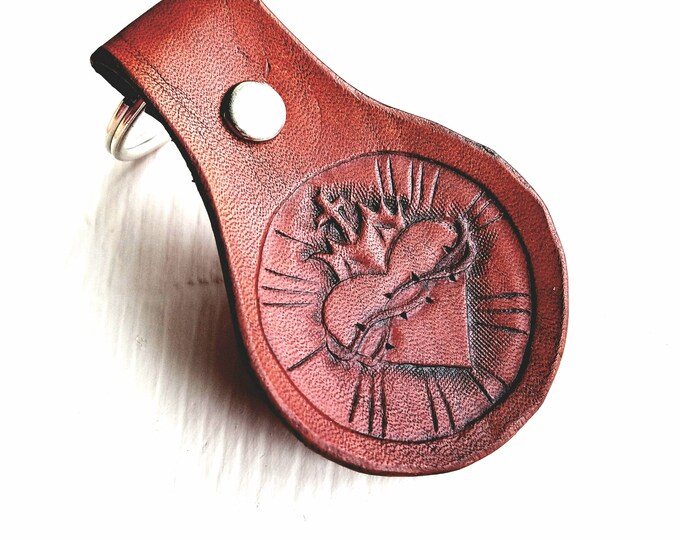 Hand Tooled Leather Keychain Sacred Heart READY TO SHIP Etsy
