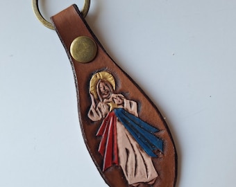 Divine Mercy - Hand Tooled Leather Keychain - Color
