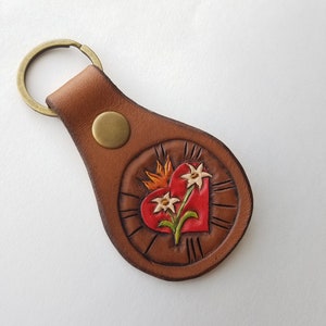 Most Chaste Heart of Joseph - Hand Tooled Leather Keychain - Color