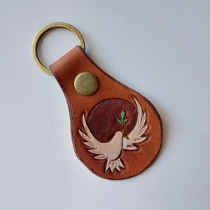 Holy Spirit Dove - Hand Tooled Leather Keychain - Color