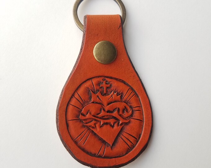 Hand Tooled Leather Keychain Sacred Heart Reddish Brown READY TO SHIP