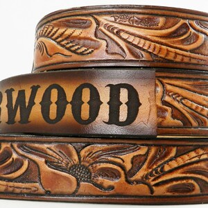 Name Belt. Western carved NBT929 Includes name in center back, removable utility buckle & leather keeper image 2