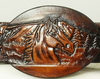 Vintage Leather Tooled Handpainted Western Belt Buckle Horse Head Vintage Tooled Embossed Leather Belt With Horse Head Buckle  main image 2