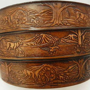 Leather Belt Forest Scene BT116 embossed, NOT NAME   BELT version. Brown or Black. Scene has deer, bear, panther; Includes utility buckle