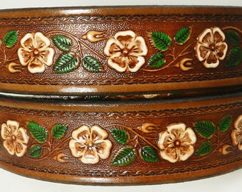 Leather Belt Flowers BT588P - Belt is 1 1/2" wide - Includes removable utility buckle & leather keeper.