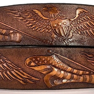 Leather Belt  Patriotic  BT528 Eagles and American Flag - Belt is 1 1/2&quot; wide - Includes removable utility buckle & leather keeper