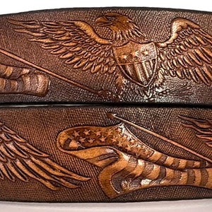 Leather Belt  Patriotic  BT528 Eagles and American Flag - Belt is 1 1/2" wide - Includes removable utility buckle & leather keeper