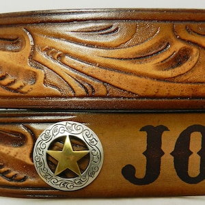 Concho Name Belt -Western Carved Floral design;  NBT929C; Includes Concho on each side of name, Utility Buckle, Leather keeper