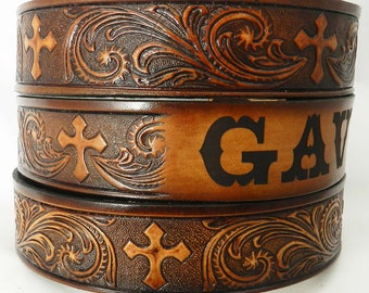 Name Belt Cross Western  NBT959 - Belt is 1 1/2" wide - Includes name in center back, removable utility buckle & leather keeper