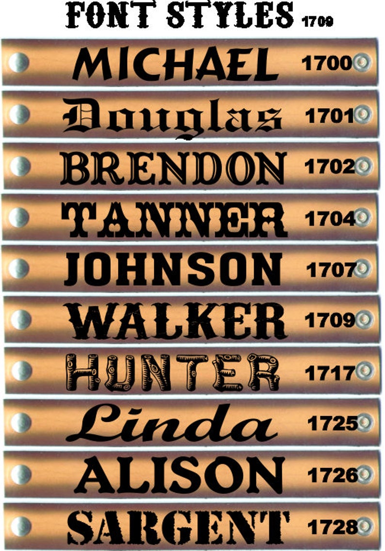 May include: A close-up of a set of ten leather name tags with different font styles and names. The names are Michael, Douglas, Brendon, Tanner, Johnson, Walker, Hunter, Linda, Alison, and Sargent. Each name tag has a small metal circle at the top.