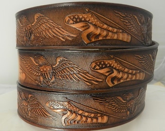 Name Belt NBT528 Patriotic Eagle and American Flag - 1 1/2" wide; Includes name in center back, removable utility buckle, leather keeper