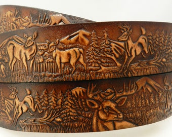 Leather Belt  BT110  Deer Scene design 1 1/2" wide - Includes removable utility buckle & leather keeper