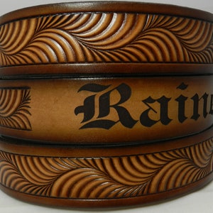 Name Belt Embossed Curves Style NBT968 - Belt is 1 1/2&quot; wide - Includes name in center back, removable utility buckle & leather keeper