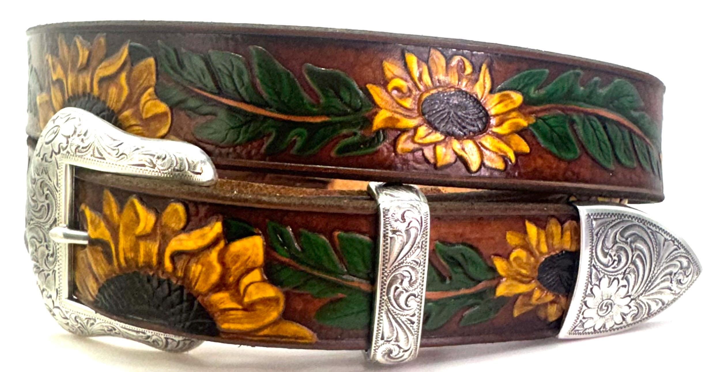 Leather Belt Custom Name Sunflower - Etsy