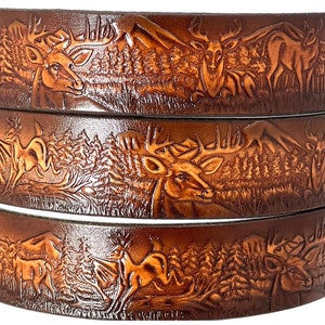 Leather Belt  BT110  Deer Scene design 1 1/2&quot; wide - Includes removable utility buckle & leather keeper