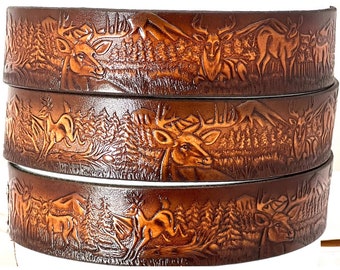 Leather Belt  BT110  Deer Scene design 1 1/2" wide - Includes removable utility buckle & leather keeper