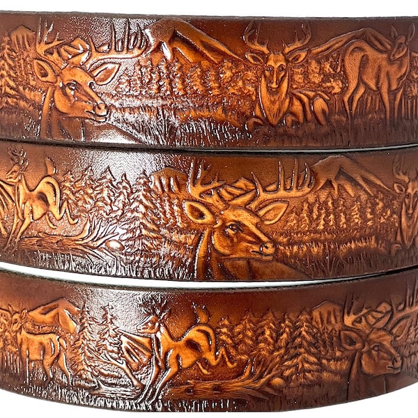 Leather Belt  BT110  Deer Scene design 1 1/2" wide - Includes removable utility buckle & leather keeper