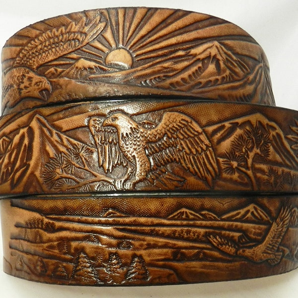 Leather Belt  BT109- Eagle Scene Belt;  1 1/2" wide,  Includes removable utility buckle & keeper. Photo shows all designs down the belt