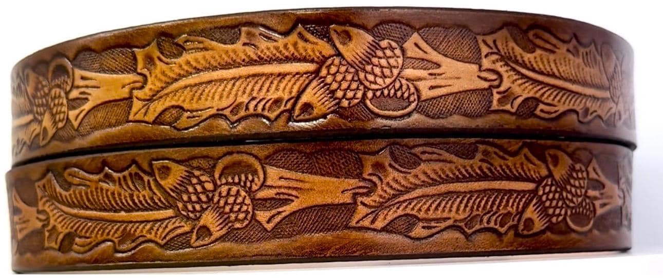 Vtg Gavere Leather embossed western belt Western Ranger Belt Antique Gold Engraved Buckle Set Oil  main image 2